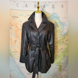 Phase 2 Black Leather Women's Jacket With Povkets And Tie Waist Size L
